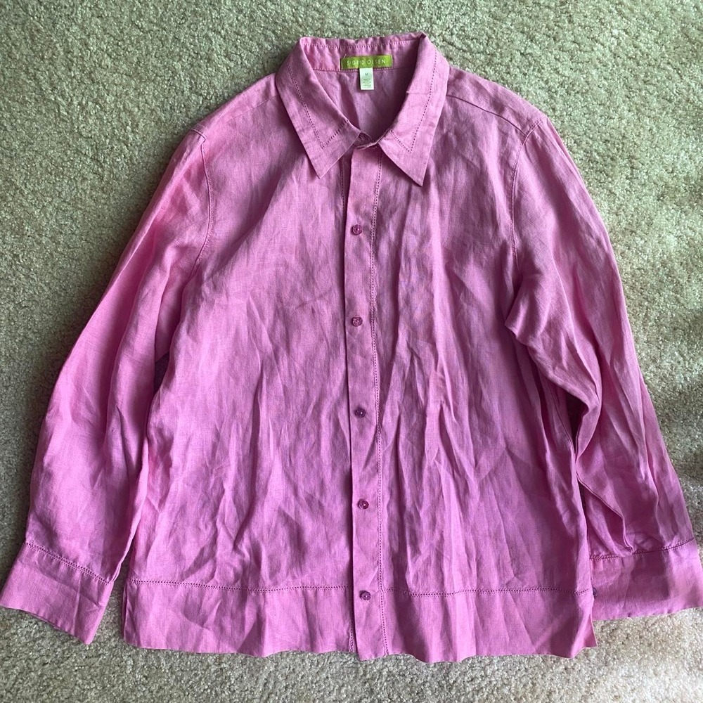 SIGRID OLSEN 100% Linen Pink Button Up Long Sleeve Shirt Relaxed Fit size M